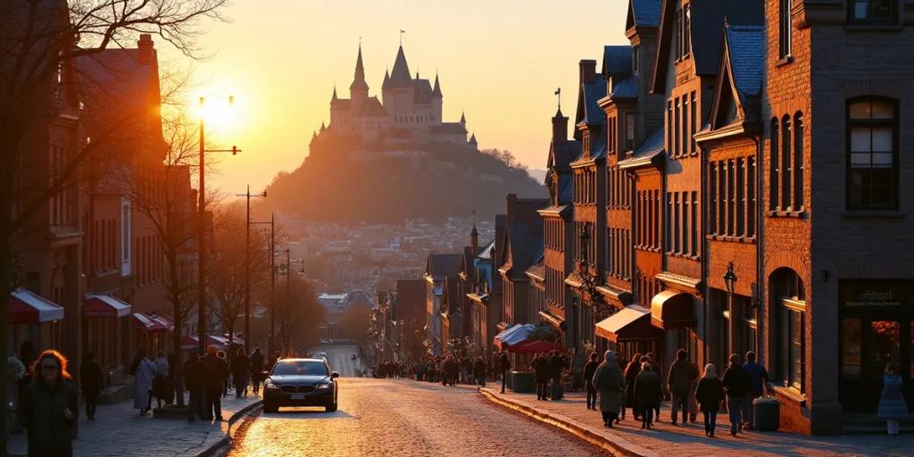 Aziz Lawrence Nehri'nin yukarısında Eski Quebec'in taş çatılarının üzerinde yükselen Chateau Frontenac