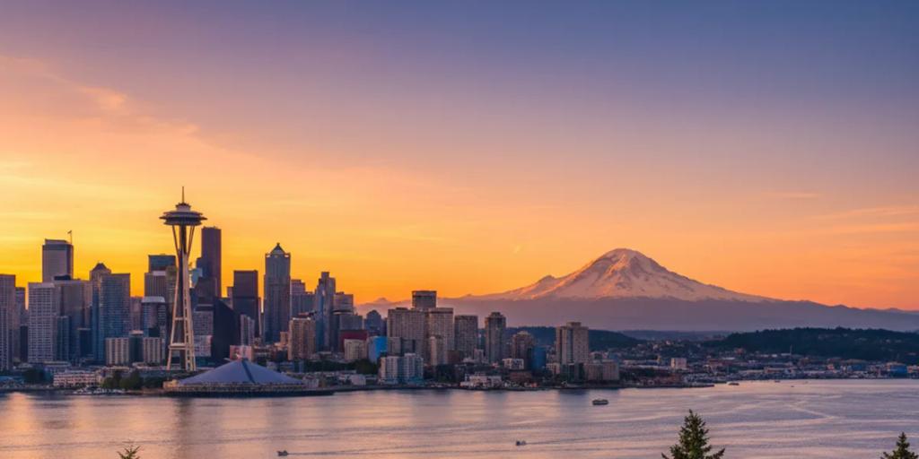Seattle silüetinin üzerinde Space Needle, ufukta karla kaplı Mount Rainier ile