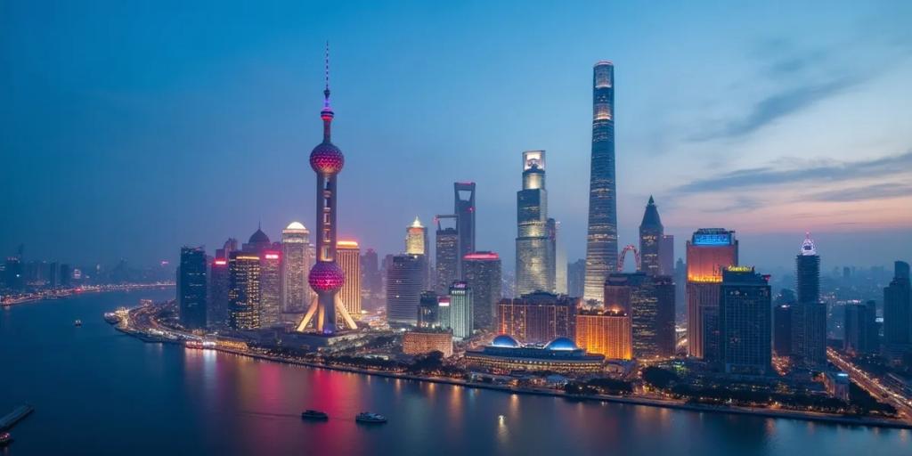 Alacakaranlıkta Huangpu Nehri'nin karşısında ışıklandırılmış Oriental Pearl Kulesi ve Şanghay Kulesi ile Pudong silüeti
