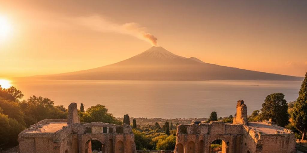Sahnenin arkasındaki ufukta tüten Etna Dağı ile Taormina'nın antik Yunan tiyatrosu