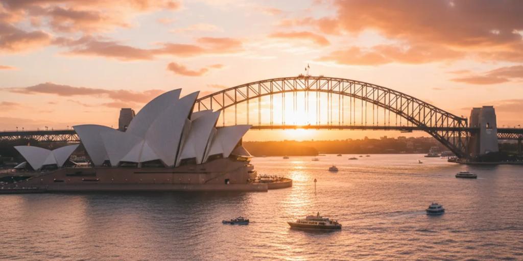 Altın saatte suyun karşısından parıldayan Sydney Opera Binası ve Liman Köprüsü