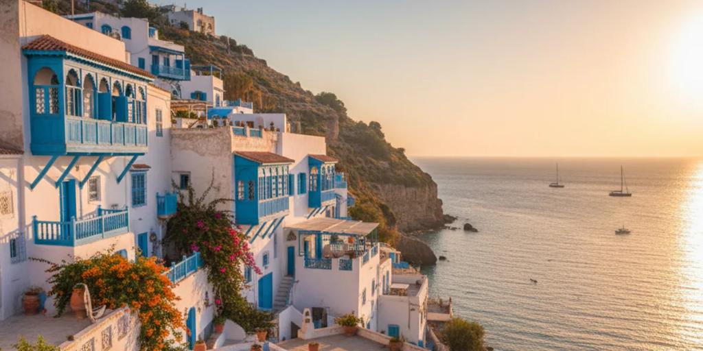 Tunus yakınında Akdeniz'in üzerinde yükselen Sidi Bou Said'in beyaz ve mavi evleri