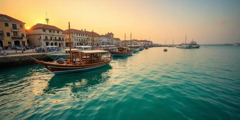 Altın saatte Stone Town'ın sahilinin önünden geçen bir dhow yelkenlisi, Zanzibar