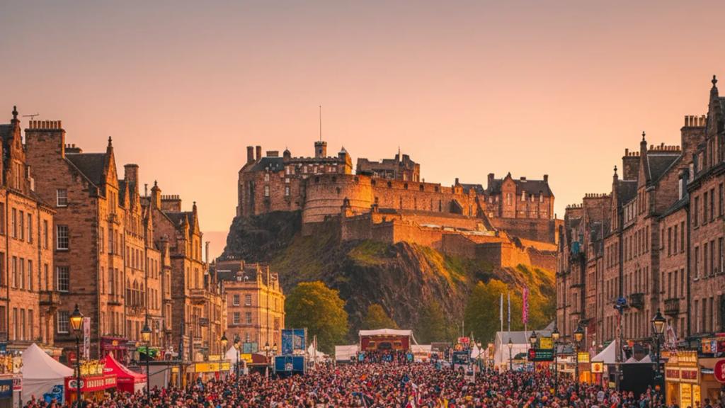 Festival Fringe sırasında Edinburgh'un Royal Mile caddesindeki kalabalıklar ve sokak sanatçıları, arkada Eski Şehir silüeti