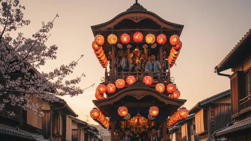 Alacakaranlıkta Kyoto'nun Shijo caddesinde çekilen, kâğıt fenerlerle donatılmış devasa Gion Matsuri hoko platformu