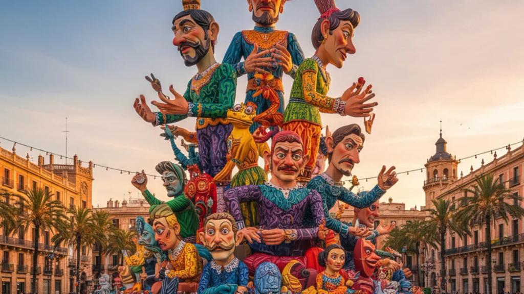 La Crema sırasında kalabalık bir Valencia meydanında gece yanan devasa bir fallas anıtı