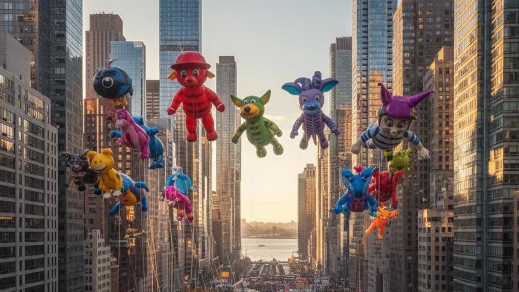 New York'ta Macy's Şükran Günü Geçidi sırasında Central Park West boyunca gökdelenlerin arasında süzülen dev karakter balonları