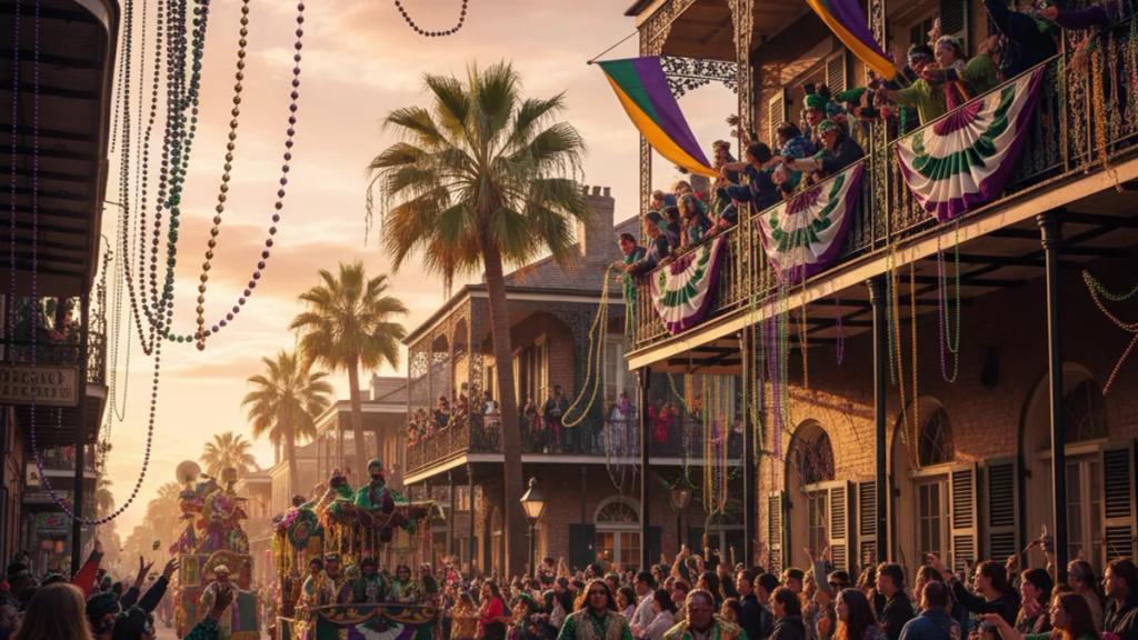 New Orleans'ta alacakaranlıkta St. Charles Avenue boyunca ilerleyen bir Mardi Gras platformu ve boncuklara uzanan kalabalıklar