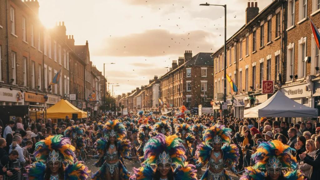 Notting Hill Karnavalı'nda tüylü karnaval kostümleriyle Batı Londra'nın sıra evlerinin önünden geçen mas dansçıları