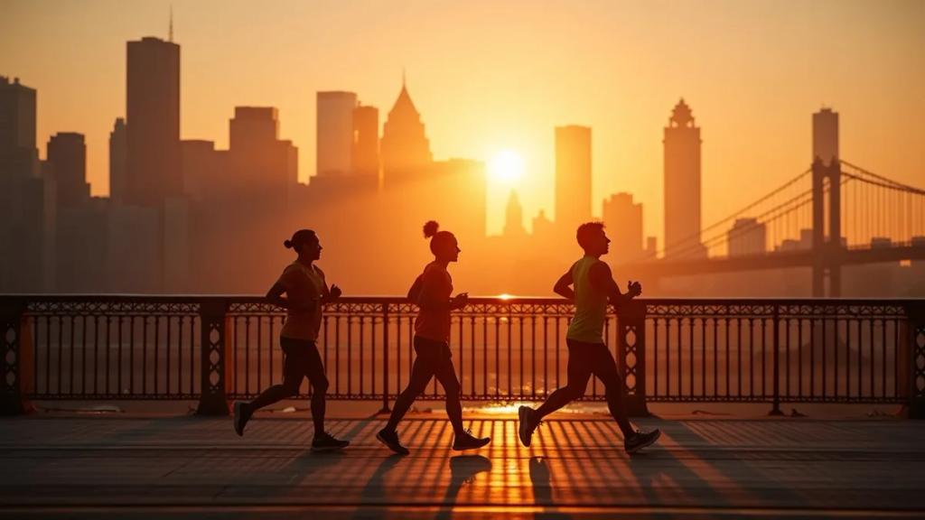 Staten Island'dan Verrazzano-Narrows Köprüsü'nü geçen maraton koşucuları, arkada New York silüeti