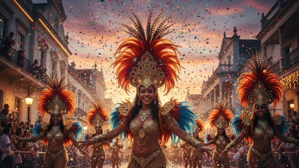 Rio de Janeiro'da Sambadrome'da gece boyunca geçit yapan, tüylü kostümler giymiş samba okulu dansçıları