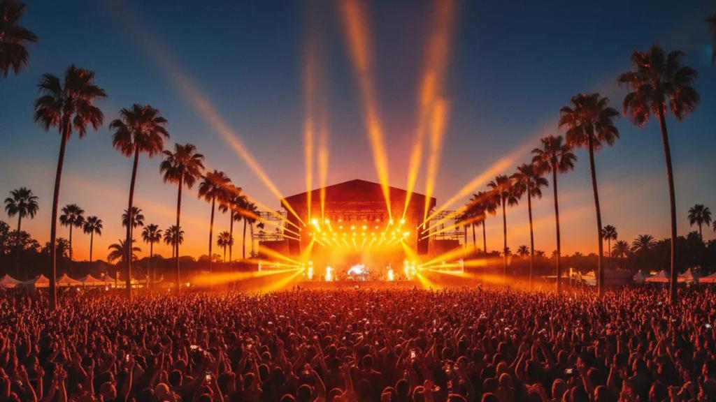 Barra da Tijuca'daki Cidade do Rock'ta gece, ışıklandırılmış Rock in Rio ana sahnesine dönmüş kalabalık