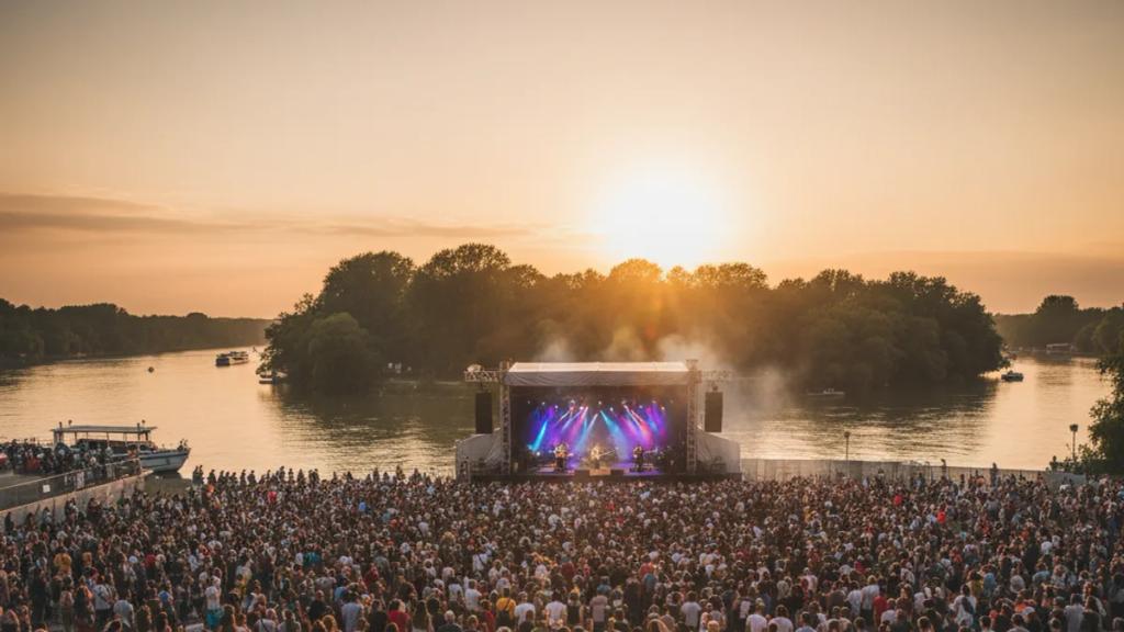 Budapeşte'deki Sziget Festivali sırasında alacakaranlıkta Tuna'daki Obuda Adası'nda festival kalabalığı ve sahne ışıkları