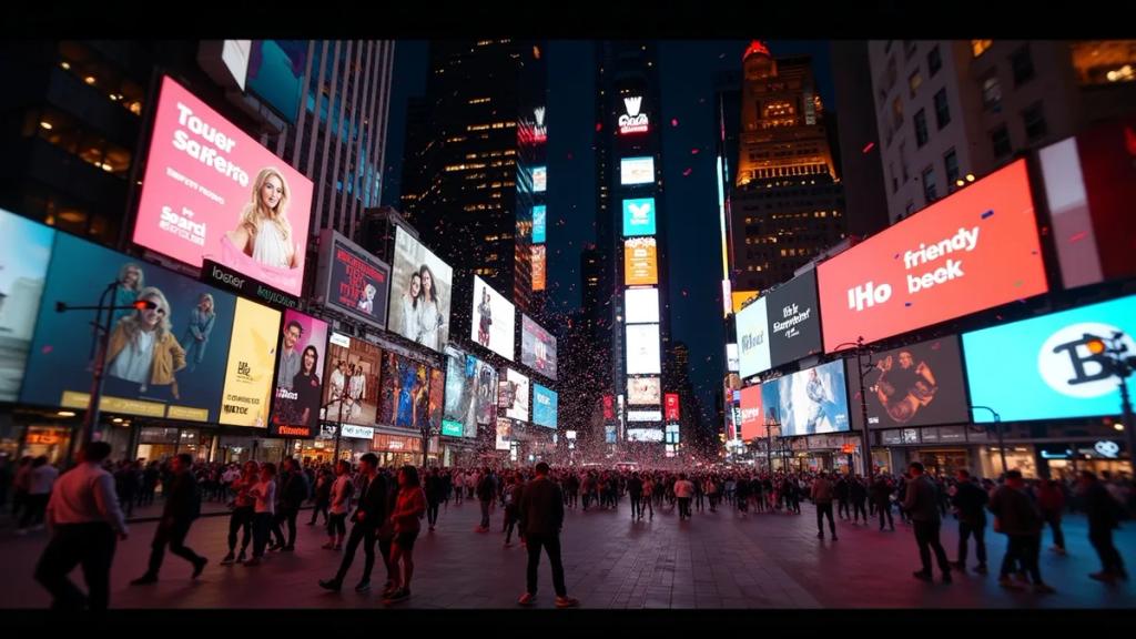 Gece Times Square'i dolduran kalabalık, ışıklı reklam panoları ve One Times Square'in tepesindeki yılbaşı küresi
