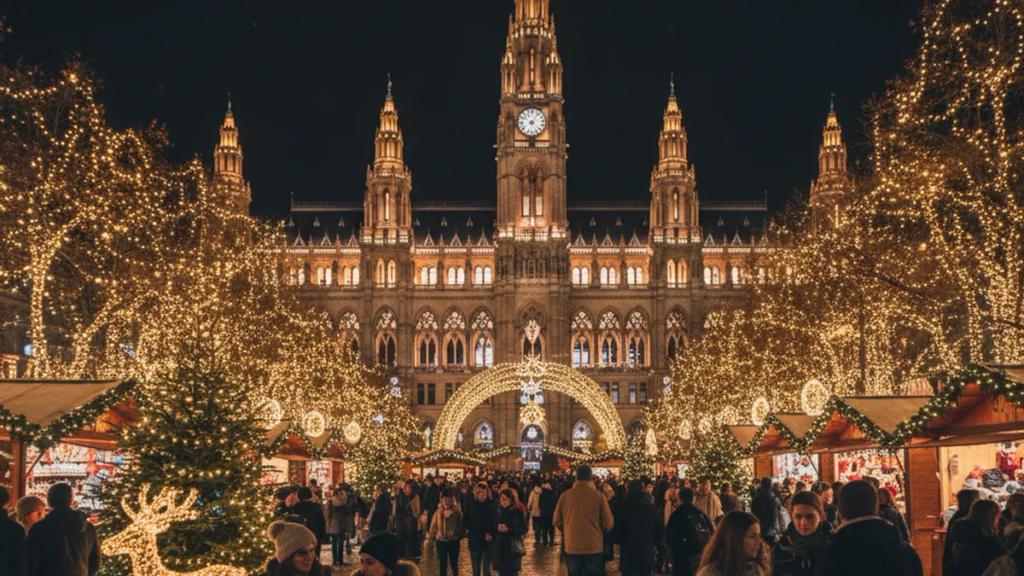 Alacakaranlıkta Viyana Rathausplatz Christkindlmarkt'ı, pazar tezgâhlarının ardında ışıklandırılmış Belediye Binası