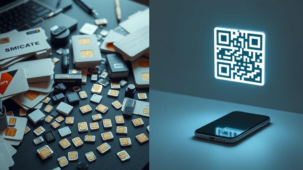 Fiziksel SIM karmaşası (solda) ve eSIM'in sadeliği (sağda).