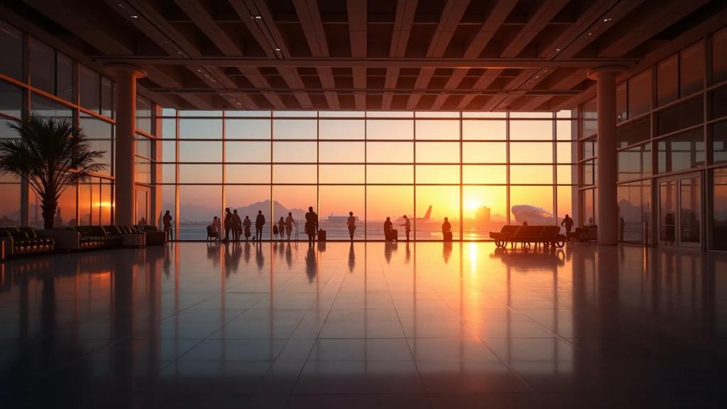 Doha'daki Hamad Uluslararası Havalimanı terminali: dev oyuncak ayı heykeli ve altın saatte yolcular