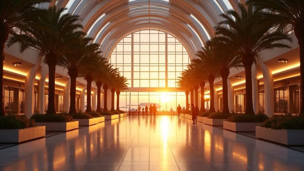 Altın saatte Dubai Uluslararası Havalimanı terminali: aydınlatılmış uçuş panolarının önünden geçen yolcular