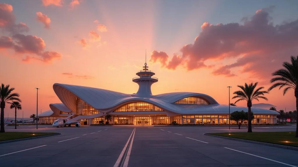 Alacakaranlıkta LAX terminali, ışıklandırılmış ikonik Theme Building sütunları ve geliş salonuna yönelen yolcular