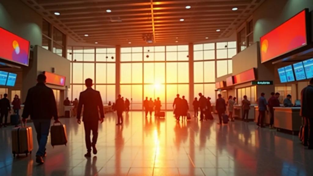 Altın saatte Mexico City havalimanı terminali, uçuş bilgi ekranlarının önünden valizlerini çeken yolcular
