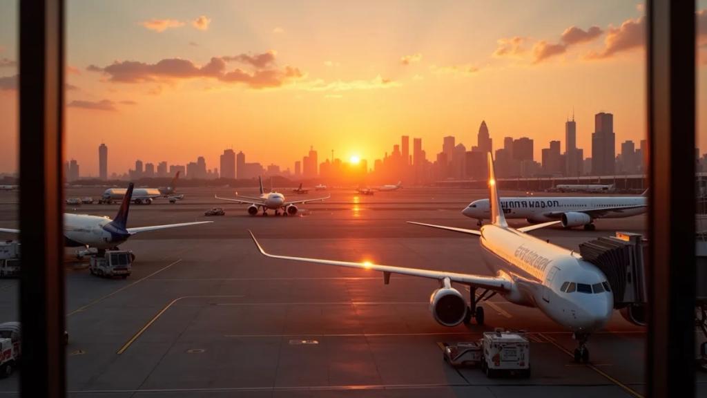 Alacakaranlıkta JFK havalimanı terminali, gelen yolcular ve camın ardından görünen AirTrain