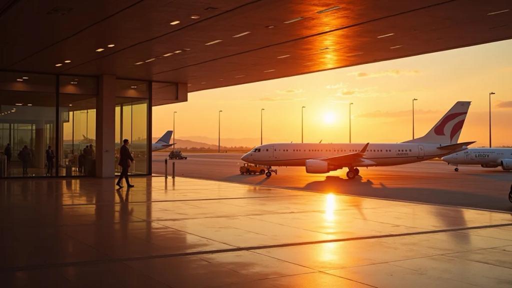 Sabah ışığında Roma Fiumicino havalimanı terminali ve tren istasyonu tabelalarına doğru yürüyen yolcular