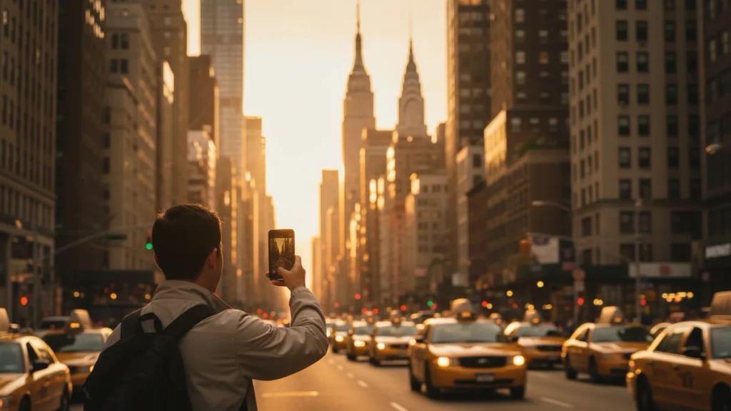 Alacakaranlıkta Manhattan silüeti ve kalabalık bir caddede telefonundan haritaya bakan bir gezgin