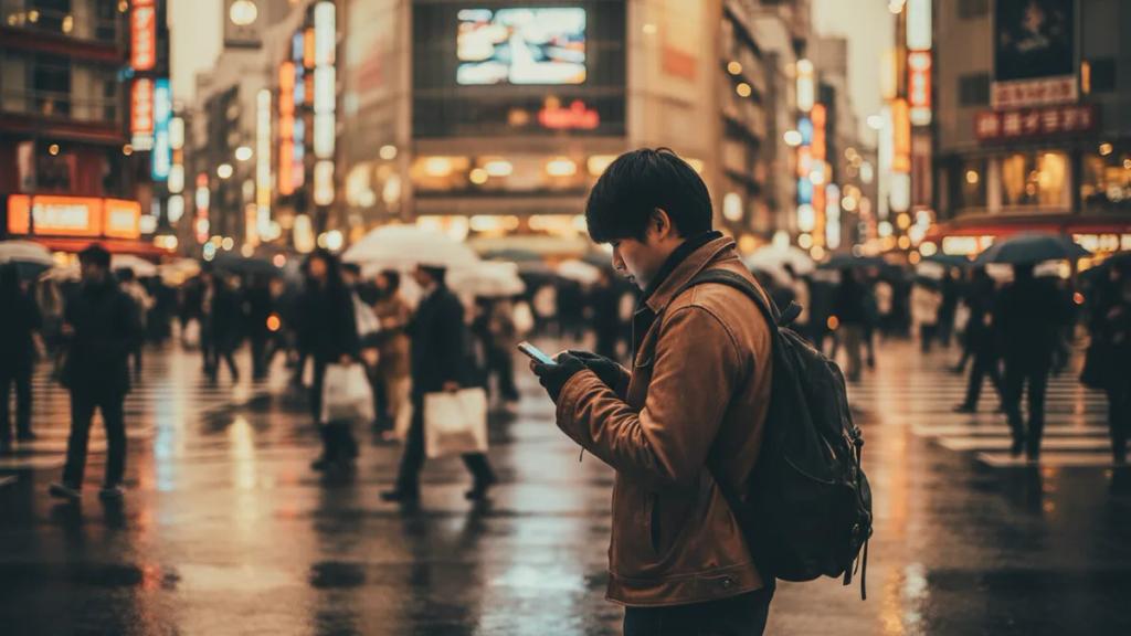 Alacakaranlıkta kalabalık bir Tokyo kavşağında akıllı telefonunu kontrol eden gezgin