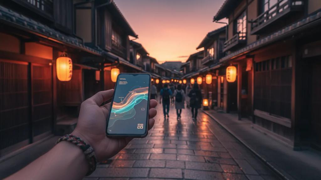 Alacakaranlıkta neon tabelalarla dolu kalabalık bir Tokyo sokağında akıllı telefon kullanan gezgin