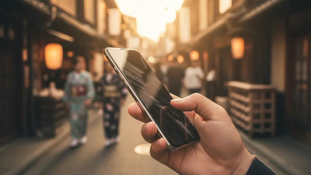Alacakaranlıkta neon tabelalarla dolu kalabalık bir Tokyo sokağında akıllı telefon kullanan gezgin