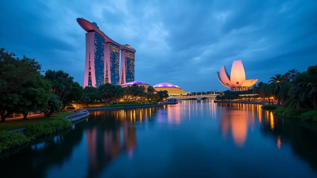Singapur'da Marina Bay silüetinin önünde alacakaranlıkta telefonunun sinyalini kontrol eden bir gezgin