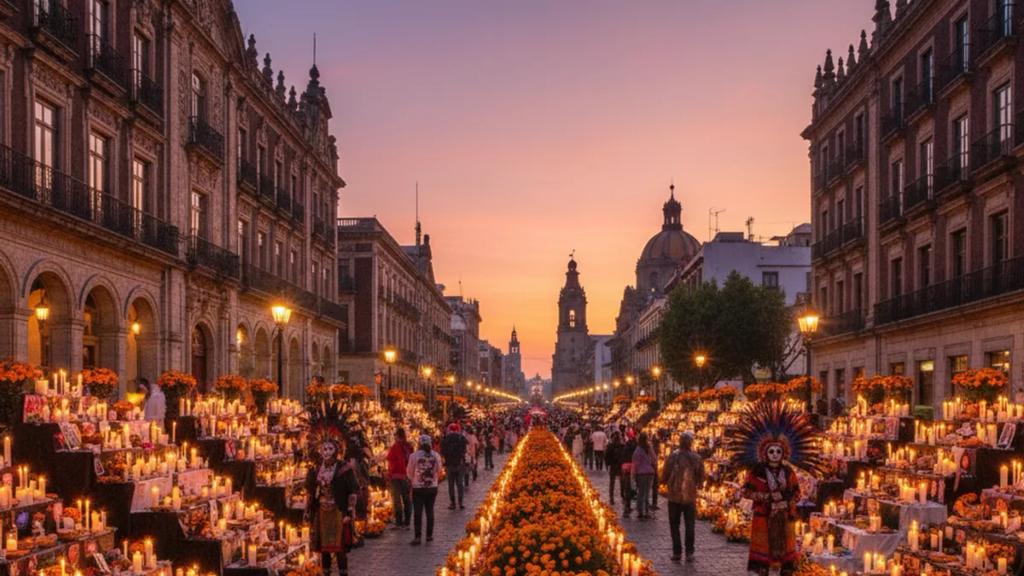 Dia de Muertos sırasında bir Meksiko sokağında gece boyunca mumlarla parlayan, kadife çiçekleriyle kaplı ofrenda ve catrina figürleri