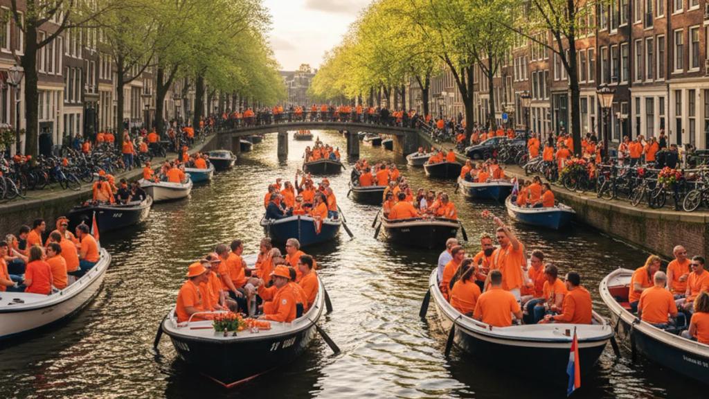 Kral Günü kutlamaları sırasında turuncular giymiş kalabalıklar ve bir Amsterdam kanalını dolduran tekneler