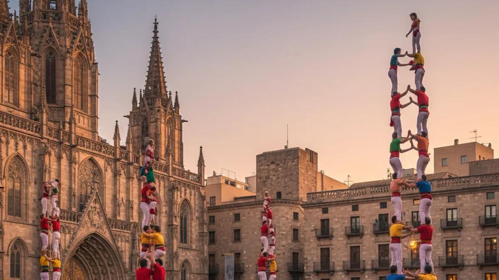 La Merce sırasında Barcelona belediye binasının önünde insan kulesi kuran castellers ekibi ve Placa Sant Jaume'yi dolduran kalabalıklar
