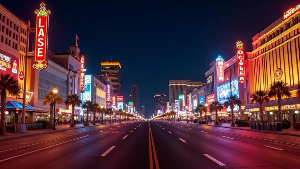 Gece Las Vegas Strip boyunca yarışan Formula 1 araçları ve pistin arkasında ışıklandırılmış kumarhane kuleleri