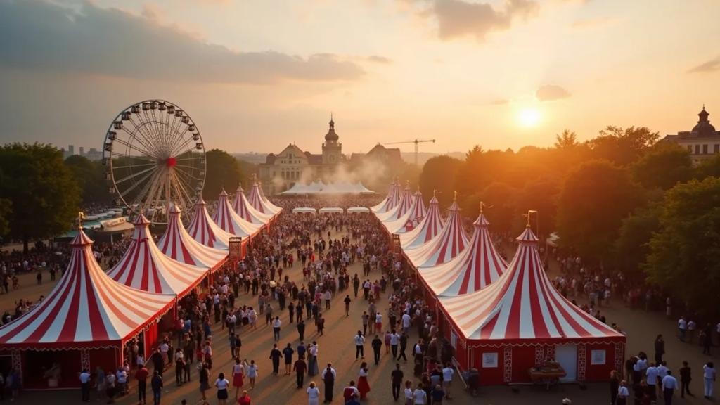 Münih'te Theresienwiese'de altın saatte Oktoberfest bira çadırları ve bir lunapark dönme dolabı