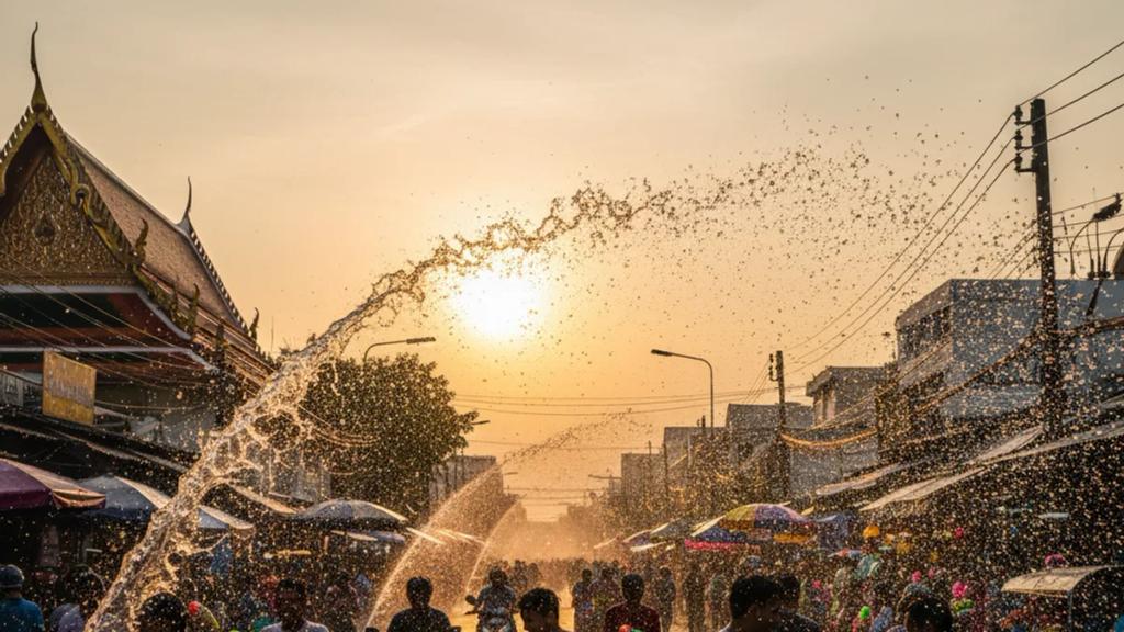 Bangkok'ta trafiğe kapalı bir sokakta Songkran festivali sırasında su atan kalabalık, ışığı yakalayan su kavisleri